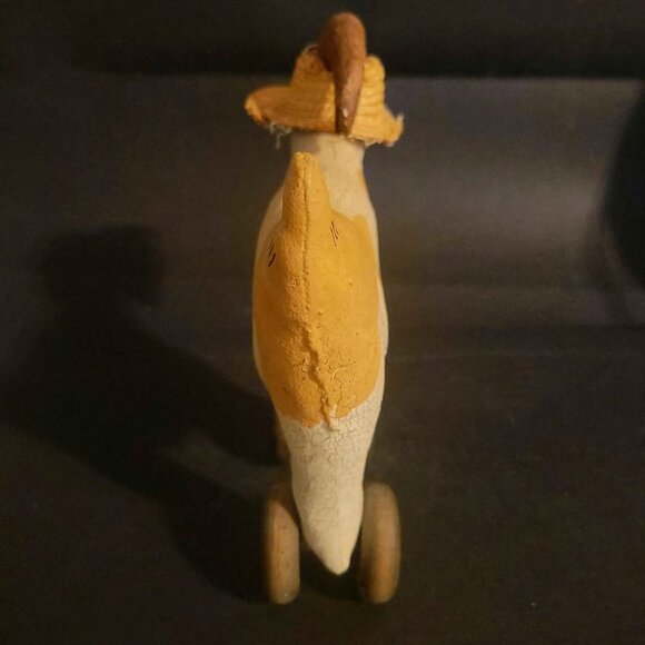 Vintage Paper Mache Goat with Staw Hat on Wheels Toy - Picture 4 of 7